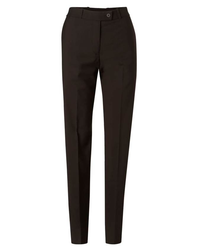 Women's black Flexi Waist Utility Pants in a poly/viscose stretch fabric, featuring a slim fit and waistband button detail.