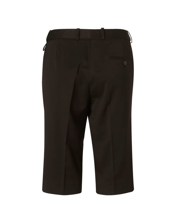 Knee-length women's shorts in black with a flexi waist and button detail on the back. Features a logo.