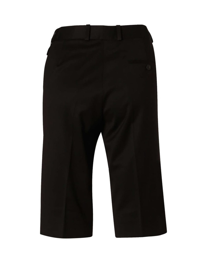 Black women's knee-length shorts with a flexi waist, featuring a back pocket and tailored design.