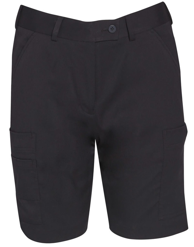 Black ladies' utility cargo shorts featuring multiple pockets and a button closure, with a branding logo.