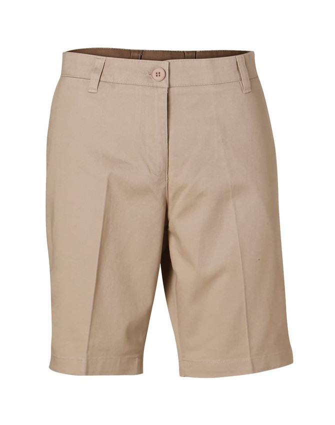 Khaki women's chino shorts with a button closure and pockets, featuring a logo on the waistband.