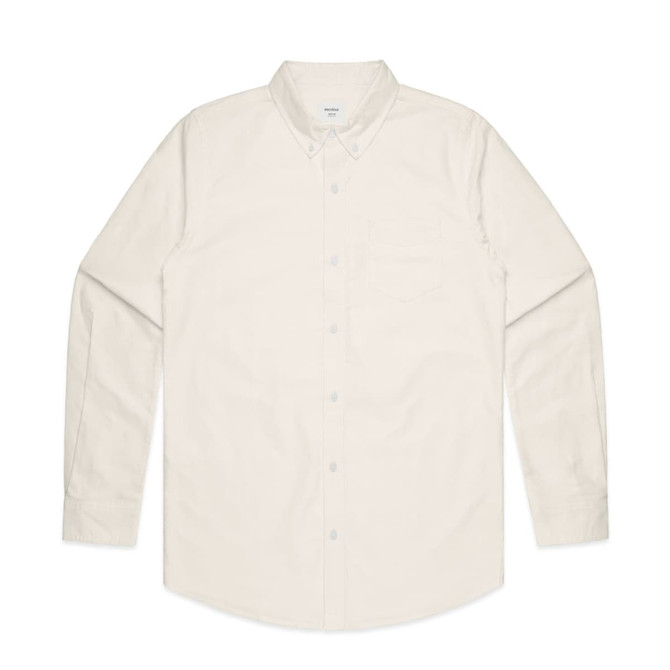 A cream-coloured button-up shirt with long sleeves and a single chest pocket, featuring a logo on the label.