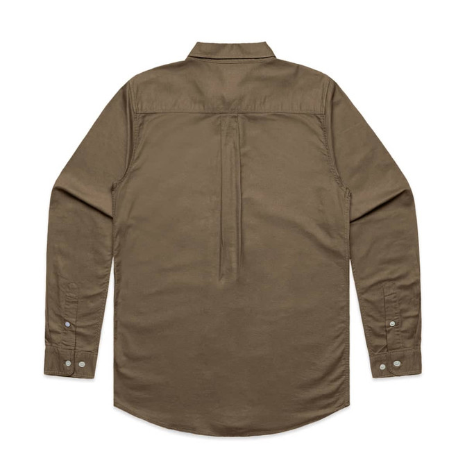 A button-up Oxford shirt in olive green with a back pleat and long sleeves. Features a logo on the collar.