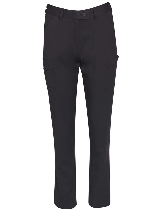 Ladies' utility cargo pants in black with multiple pockets and a fitted design, featuring a logo on the waistband.
