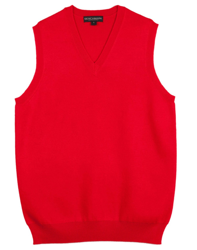 A red women's v-neck vest featuring a classic sleeveless design, with a fitted hem and no branding visible.