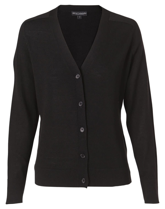 A black women's 100% Merino wool long sleeve cardigan with a v-neck and button closure, featuring a subtle logo.
