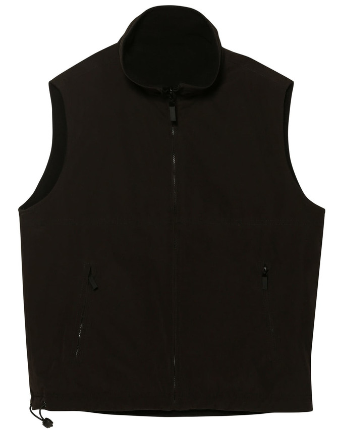 A unisex reversible vest in black, featuring zip pockets and a high collar design. It has a logo on the front.