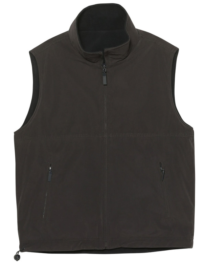 A unisex reversible vest in a dark colour, featuring a zip front and two side zip pockets. It has a logo on it.