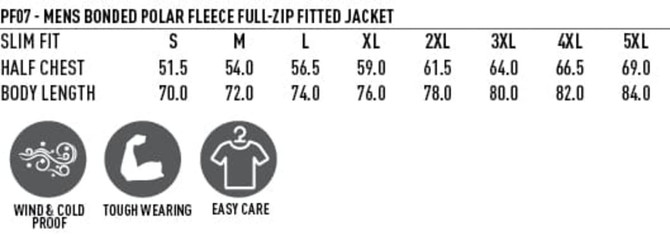 A table displaying size measurements for a men's bonded polar fleece full-zip jacket, including options and fit details.