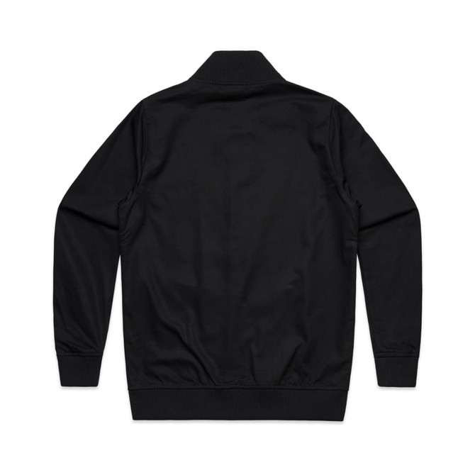 A black bomber jacket featuring a collar and ribbed cuffs, with a smooth fabric finish and a logo on the back.