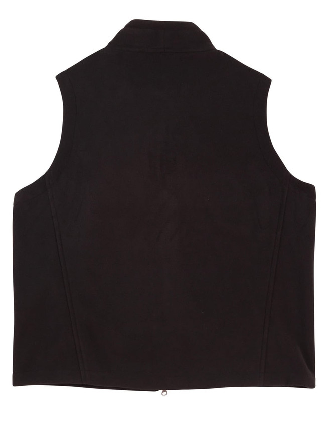 A black fleece vest for kids featuring a collar and no sleeves, with a smooth back design.