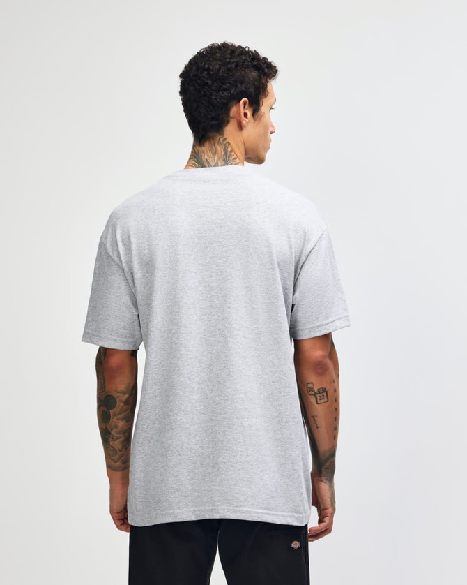 A heavyweight cotton unisex T-shirt in grey, viewed from the back, with a plain design and no visible branding.