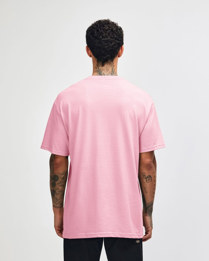 A pink heavyweight cotton unisex T-shirt displayed from the back. The shirt features a logo.