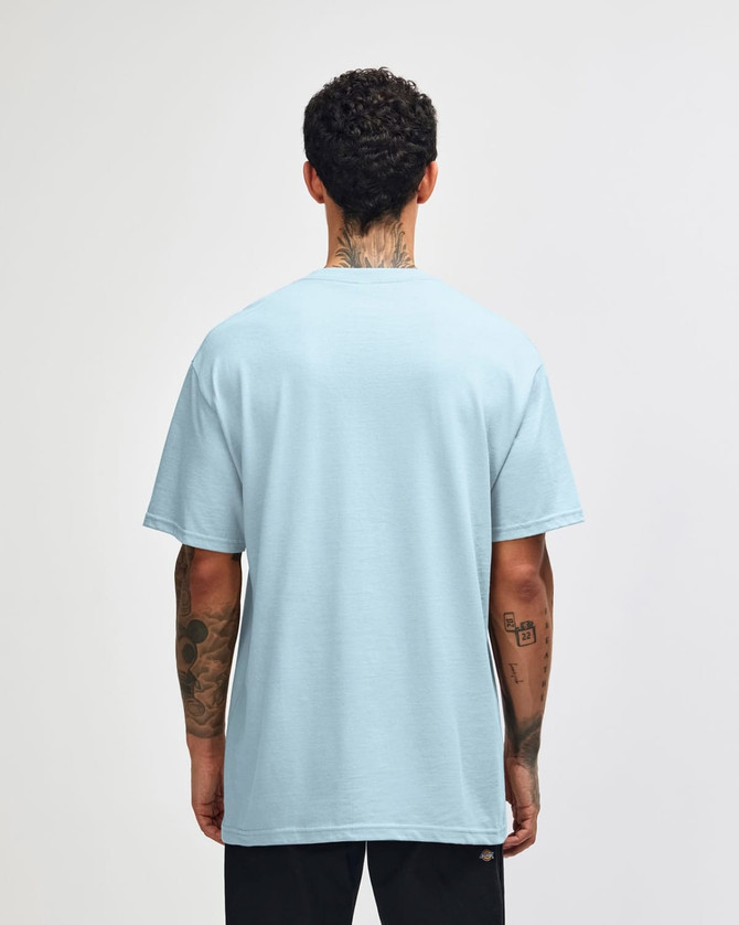 A light blue heavyweight cotton unisex T-shirt displayed from the back, featuring a casual fit.