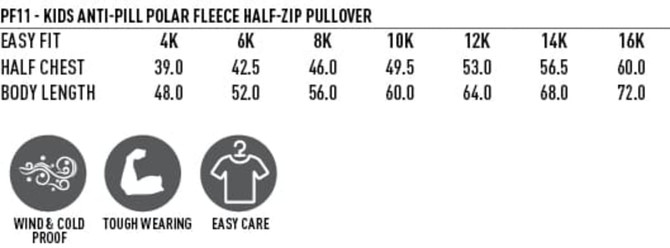 A kid's polar fleece pullover in various sizes with a half-zip design, featuring a logo for branding.