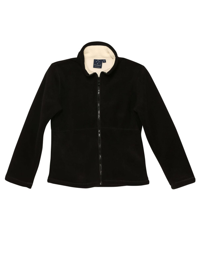 A black polar fleece jacket with a zip front and a soft inner lining, featuring a logo.