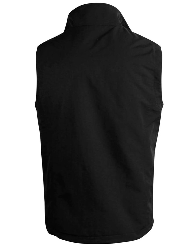 A black unisex reversible vest with no visible design details, featuring a high collar and sleeveless style.