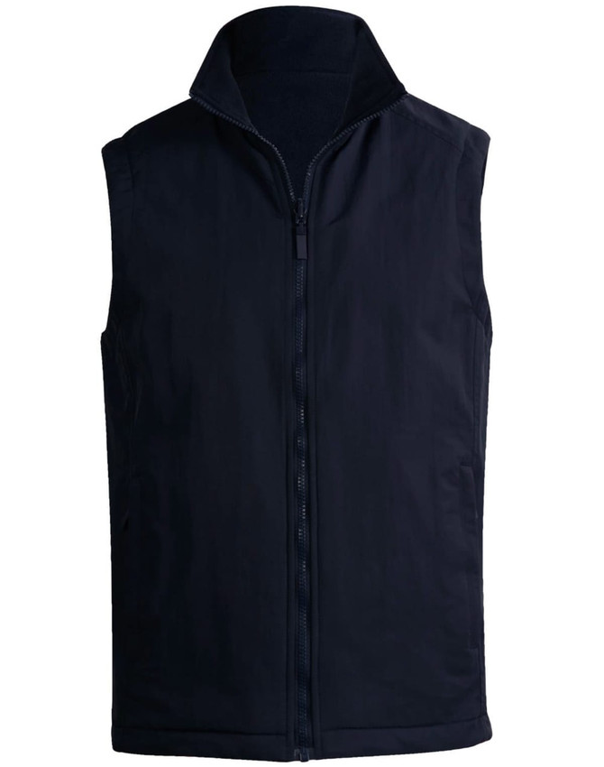 A unisex reversible vest in navy featuring a front zip closure and a collar. The product includes a logo.
