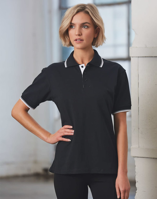 A black unisex polo shirt with white accents and a collar, featuring a logo on the chest.