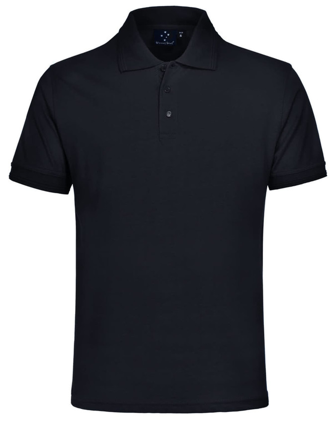 A black unisex polo shirt with a collar and short sleeves, featuring a logo on the upper left.