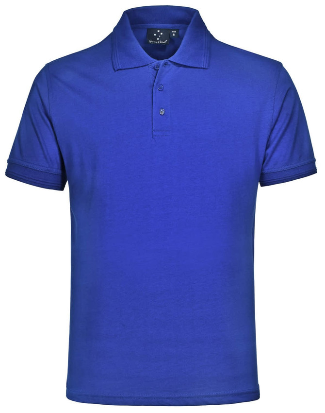 A unisex polo shirt in a vibrant blue colour, featuring a collar and a single logo.