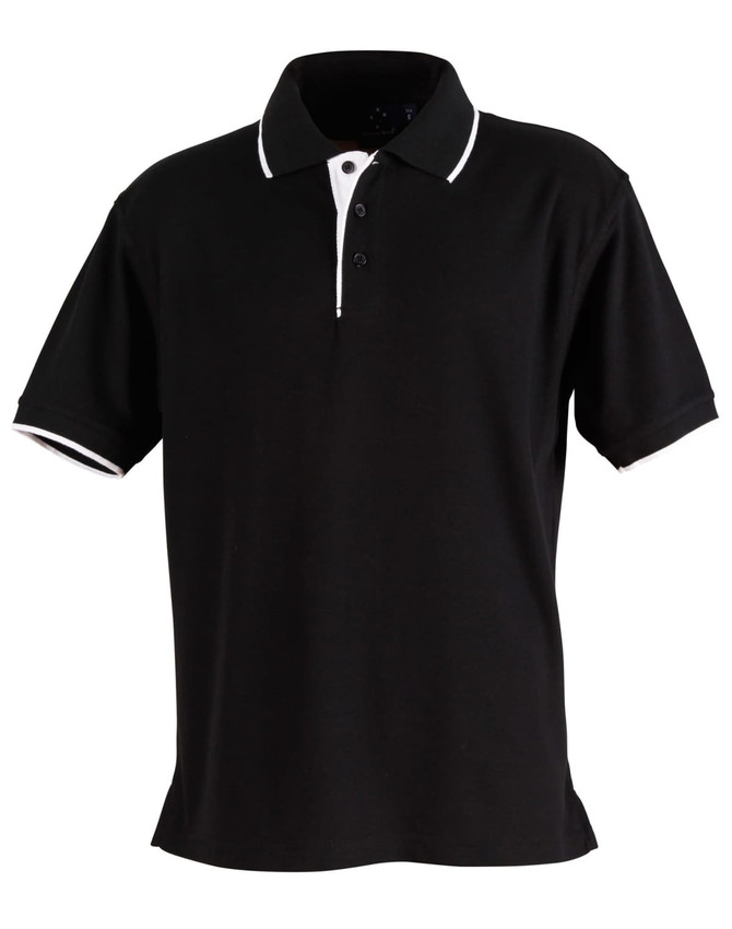 A black polo shirt with a contrasting white collar and sleeve cuffs, featuring a logo on the chest.