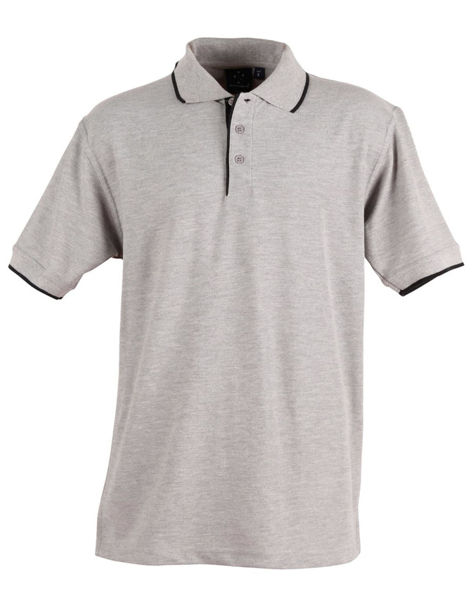 A light grey men's polo shirt with a black collar and black detailing. The shirt features a logo on the chest.