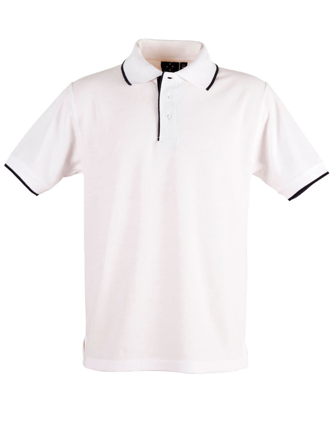 A white polo shirt with black collar and sleeve trim, featuring a logo on the chest area.