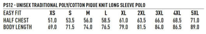 A size chart for a Unisex Traditional Poly/Cotton Pique Long Sleeve Polo, featuring measurements for various sizes.