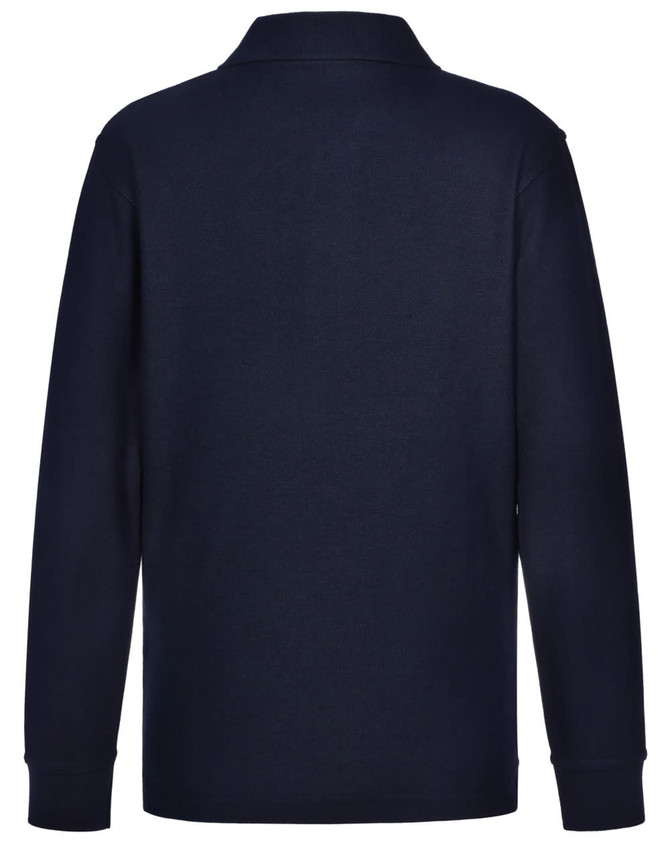 A navy long-sleeved polo shirt made from 240gsm poly/cotton blend, featuring a collar and a logo on the back.