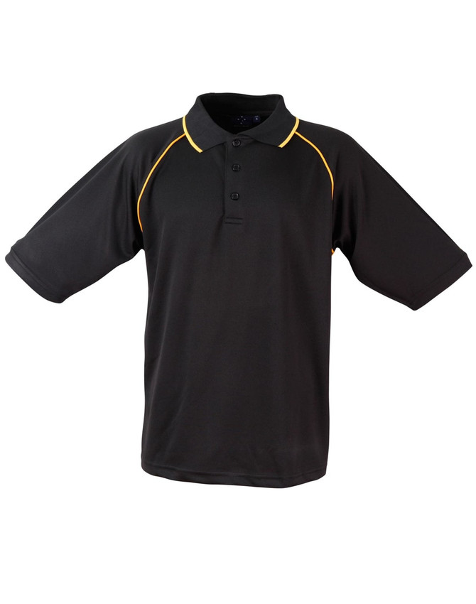 A black polo shirt with yellow detailing and a collar, featuring a logo on the chest area.
