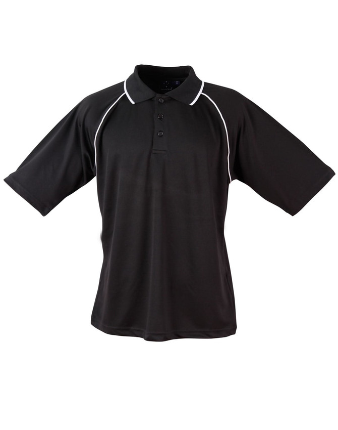 A black men's polo shirt with a collar and white piping details, featuring a branded logo.