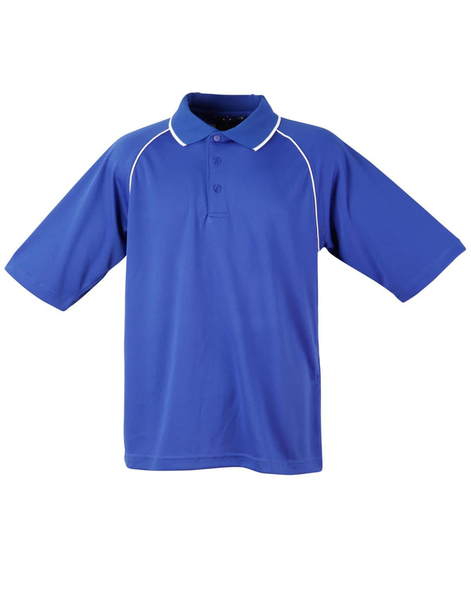 A blue men's polo shirt featuring a collar, three buttons, and contrasting white trim. It has a logo on the chest.
