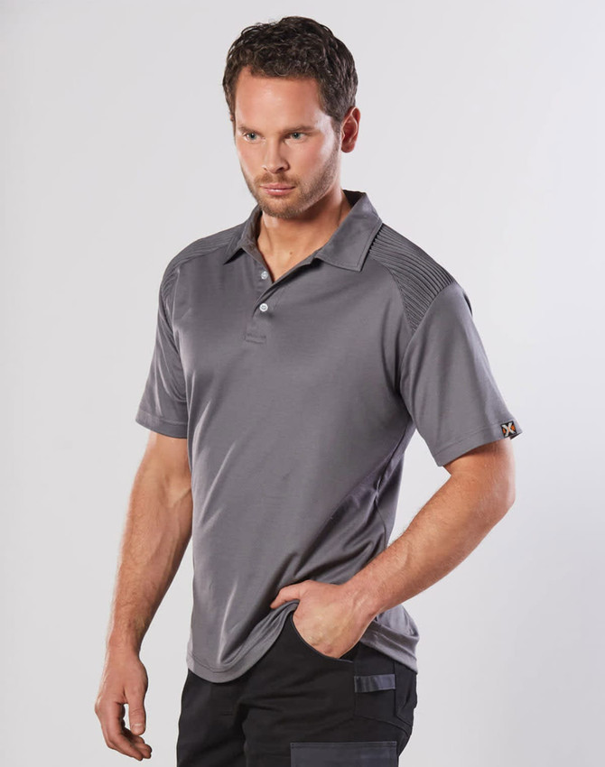 A model wearing a grey short-sleeve polo shirt with a logo on the sleeve, featuring a smooth fabric design.