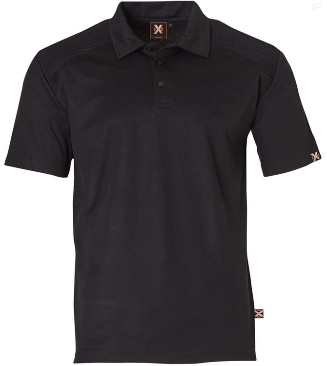 A black short-sleeve polo shirt featuring a logo and textured shoulder detail. Suitable for workwear.