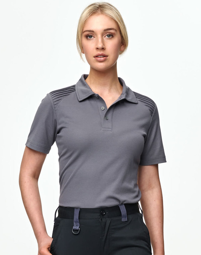 A grey short-sleeve polo shirt with subtle detailing on the shoulders, featuring a logo on the chest.