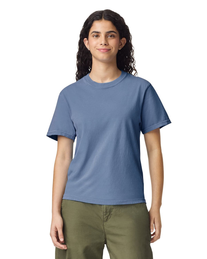 A blue heavyweight t-shirt displayed on a model, featuring short sleeves and a relaxed fit.