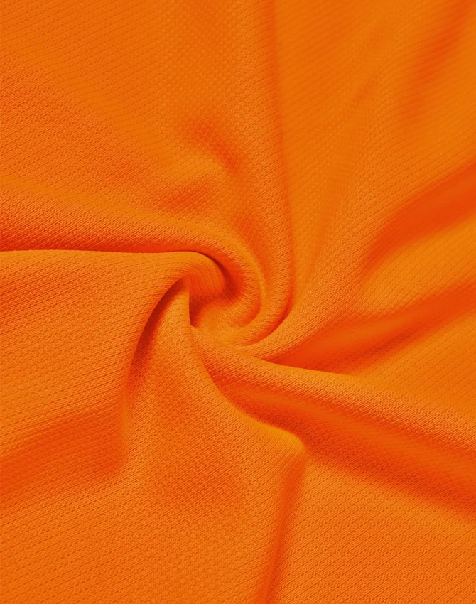 An orange fabric showcasing a textured pattern, suitable for polo shirts. The material appears lightweight and breathable.