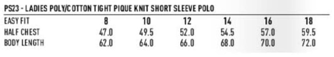 A size chart for a ladies' polo shirt, detailing measurements for various sizes in an easy-fit style.