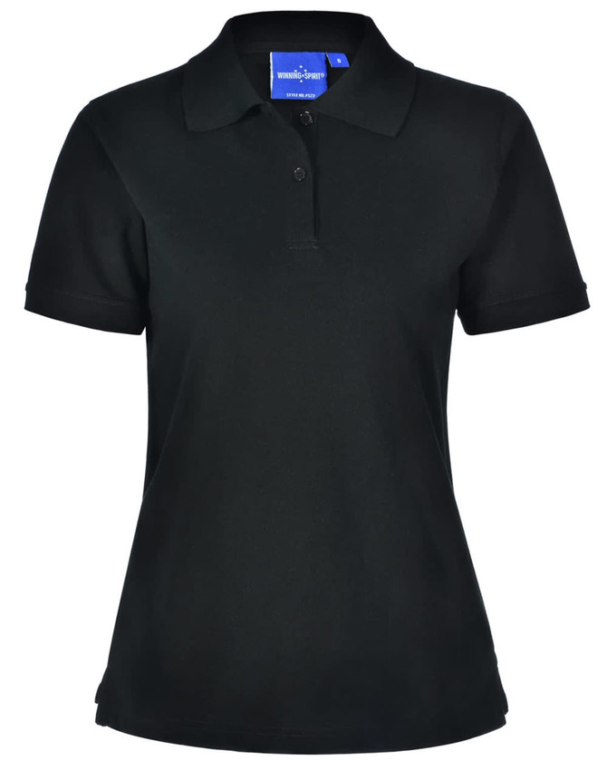 A ladies' black polo shirt featuring a classic collar and short sleeves, with a logo on the neck.