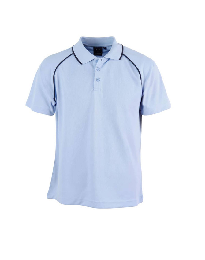 A light blue polo shirt featuring contrasting trim, with a collar and short sleeves. It has a logo on the chest.
