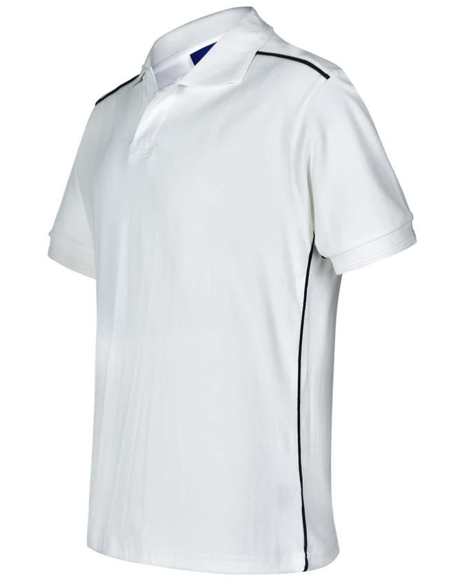 A white men's polo shirt with black side piping and a collar. It features a logo on the chest.