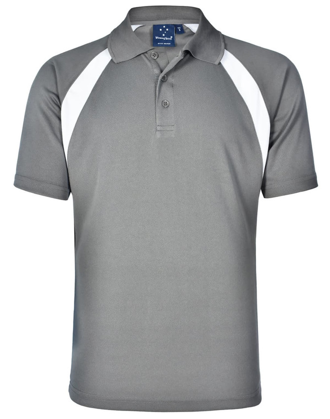 Men's tri-sport polo in grey with white accents. Features a classic polo collar and a logo on the chest.