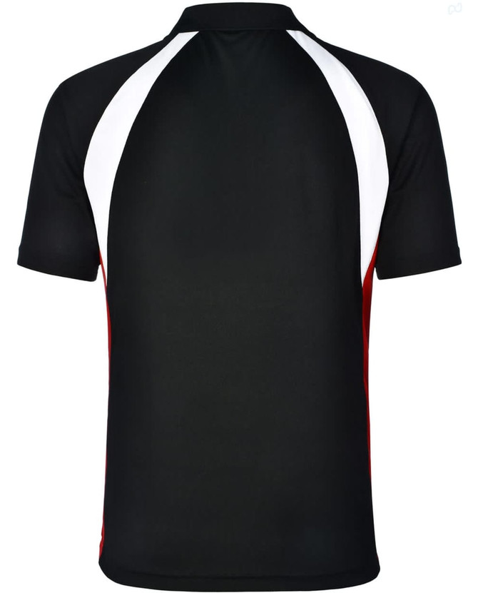A black men's tri sport polo shirt featuring white and red accents on the sides and back, with a logo visible.