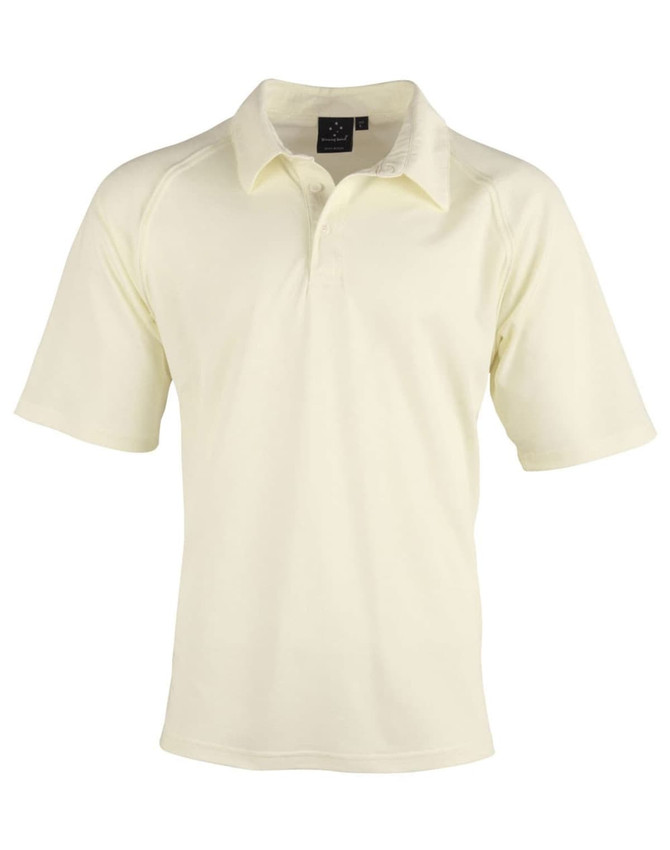 A light yellow men's cricket polo shirt with short sleeves and a collar, featuring a logo.