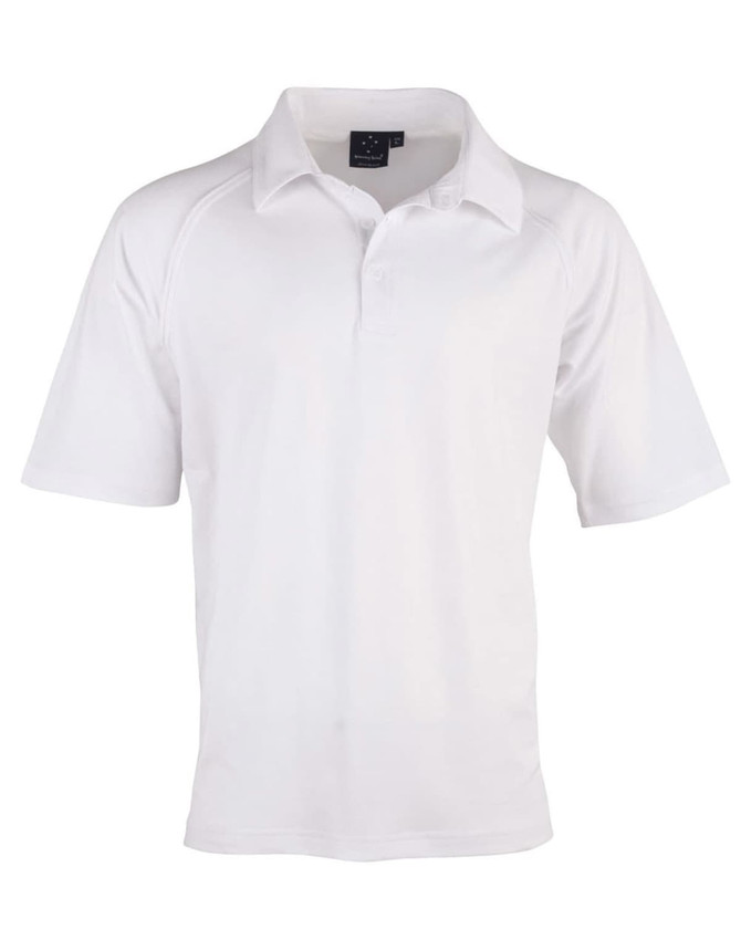 A white men's cricket polo shirt featuring a collared neck and short sleeves, with a logo on the chest.