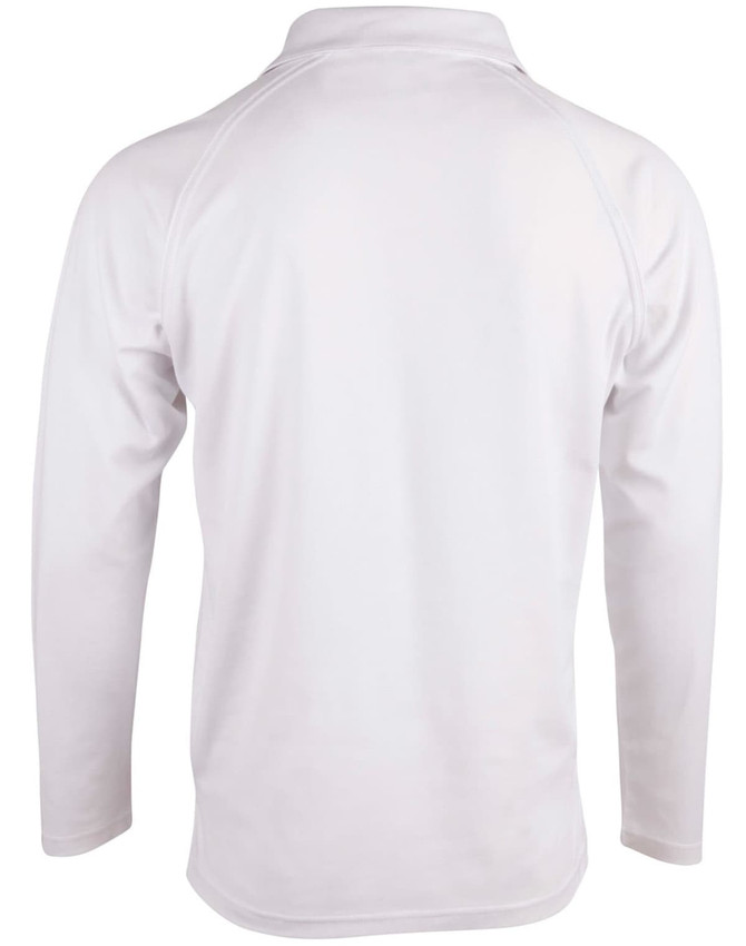A white long sleeve cricket polo shirt with a classic collar and a logo on the back.