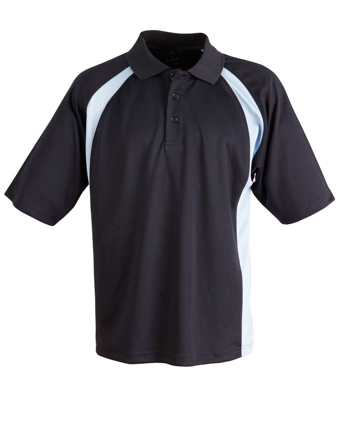 A black and light blue men's polo shirt with a collar and short sleeves, featuring a logo on the chest.