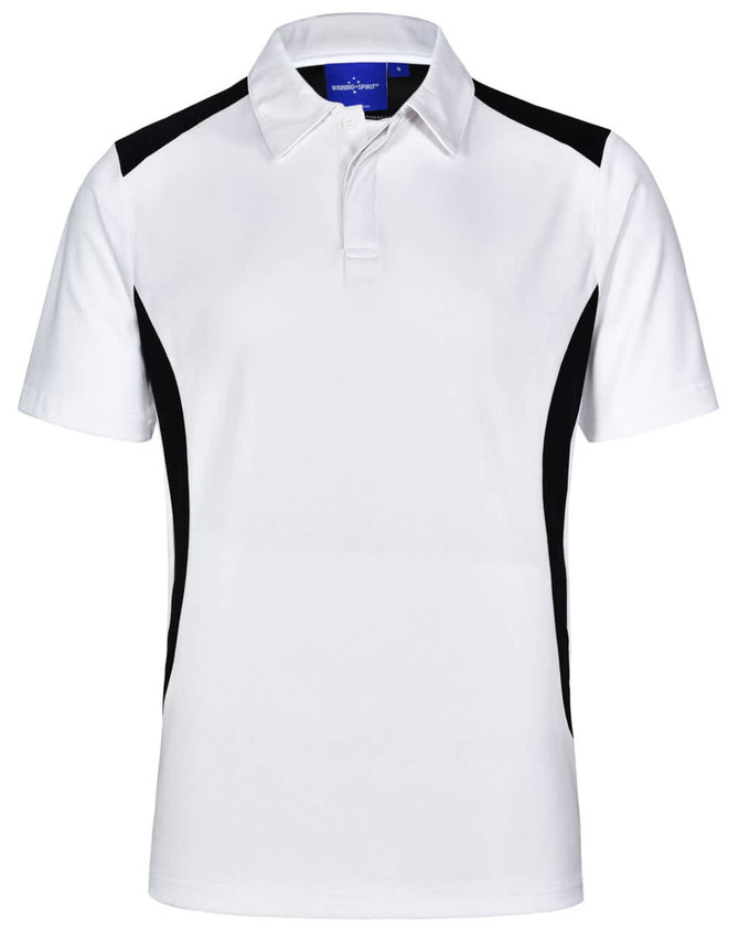 A white polo shirt with black side panels and a collar. Features a logo on the chest.