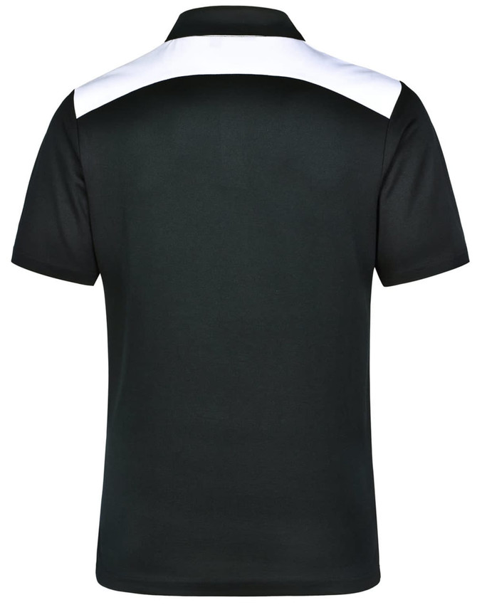 A black polo shirt with a white collar and shoulder detailing. It features a logo on the back.